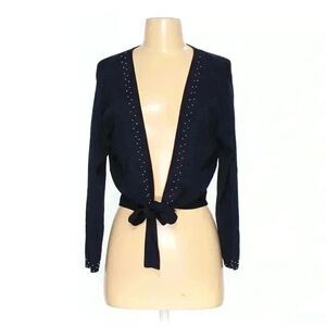 Delicate crop cardigan by Madison Leigh. Navy with beading sleeve & lapel